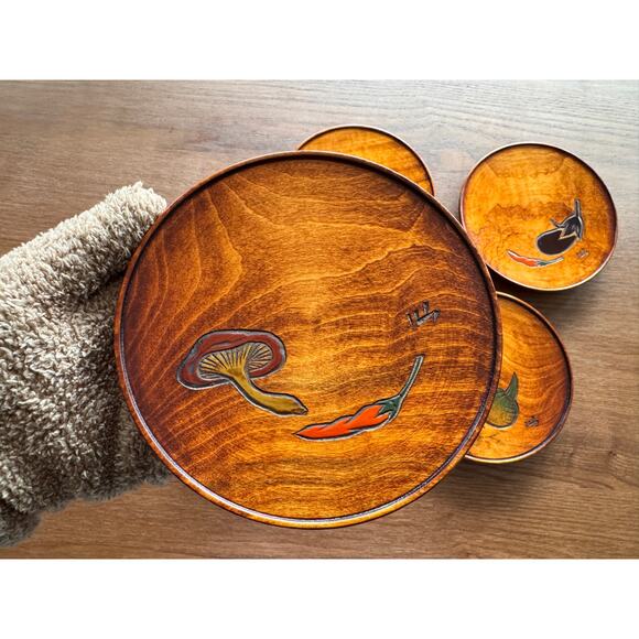 [Like New] Vintage Japanese Small Wooden Plates, hand-carved urushi finish 5 pcs - Picture 9 of 16